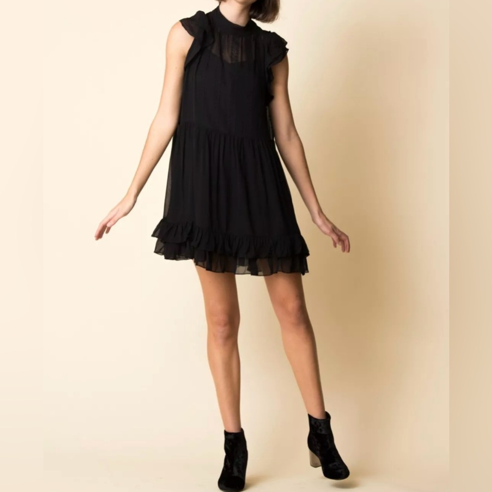 Ulla Johnson Remy Silk Georgette Mini, Ruffled, Embroidered, Black, Sheer, 0